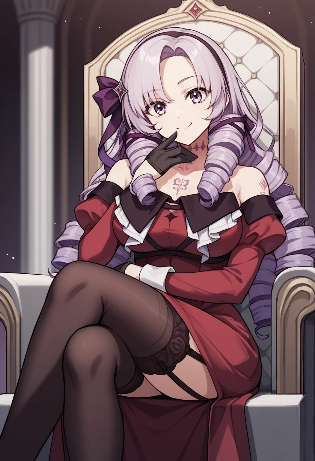score_9, score_8_up, score_7_up, source_anime, hs1, purple eyes, bangs, parted bangs, purple hair, light purple hair, long hair, drill hair, tattoo, chest tattoo, ribbon, hair ribbon, purple ribbon, hairband, bare shoulders, dress, red dress, long sleeves, juliet sleeves, gloves, black gloves, garter straps, thighhighs, black thighhighs, smile, happy, large breasts, crossed legs, throne, sitting<lora:HyakumantenbaraSalomeXL-15:1>
