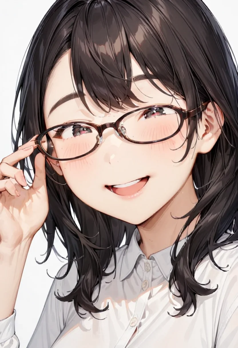 masterpiece, best quality, very aesthetic, absurdres,
1girl, solo, black hair, long hair,
oval_cell, glasses, brown-framed eyewear,
collared shirt, happy, smile, looking at another, adjusting eyewear, white background, simple background,
<lora:oval_glasses_cell-frame2_SDXL_V1:1>