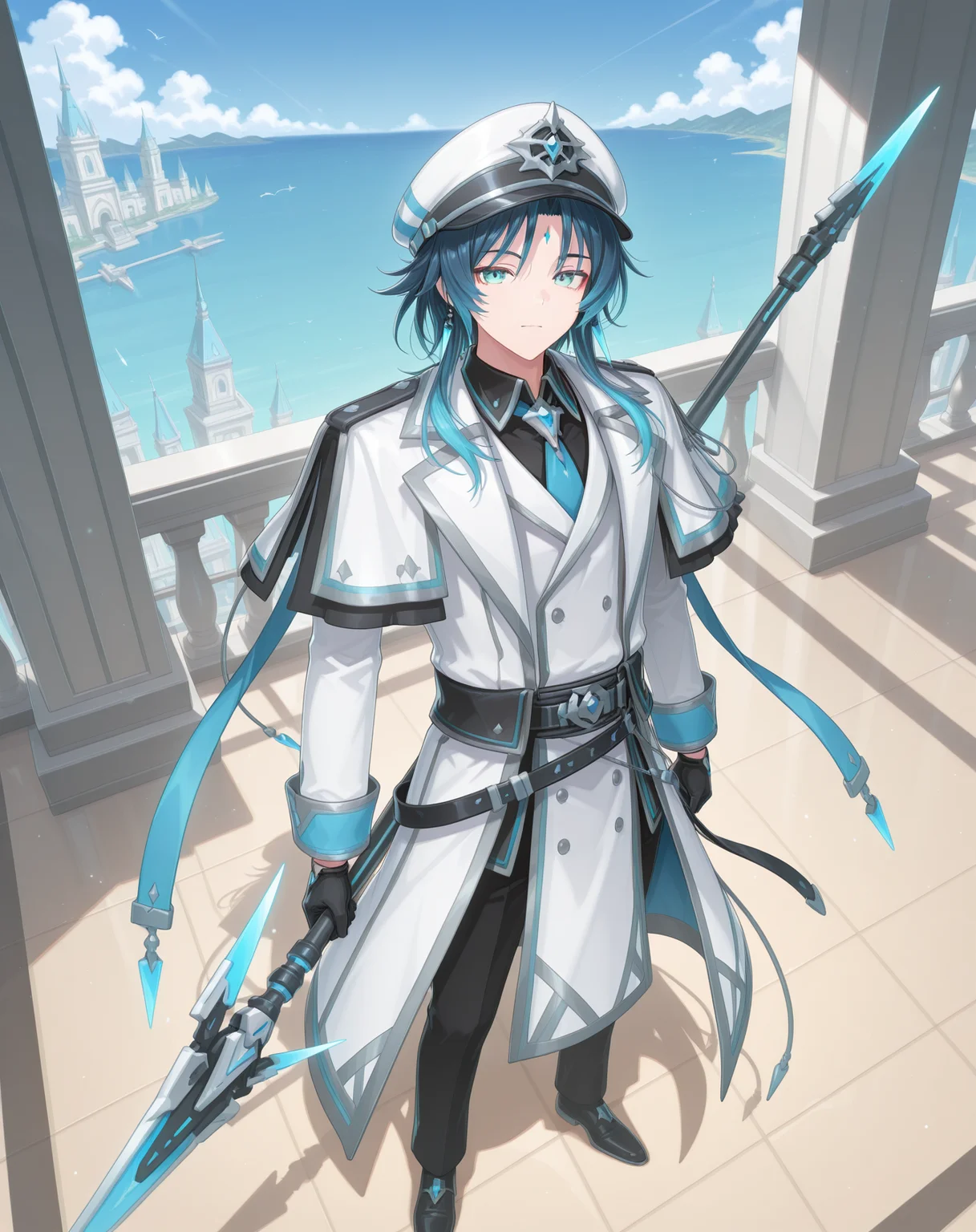 masterpiece, amazing quality, best quality, absurdres, very aesthetic,
1boy, solo, yaoi, male focus, full body, from above, standing, looking at viewer, face focus,
<lora:Nepteon_Blue_Abyss_ilxl:1> nepteonba, dark blue hair, forehead mark, aqua eyes, sidelocks,
white coat, black gloves, black pants, blue necktie, blue sash, black shirt, hat, long sleeves, peaked cap, black belt,white headwear, collared shirt, white capelet, double-breasted, buttons, sleeve cuffs, lapels, open coat, jewelry, white jacket, black necktie, black sash, black footwear, shoes,
holding polearm, holding weapon,spear, floating weapon,
outdoors, day, blue sky,