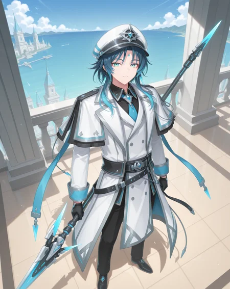masterpiece, amazing quality, best quality, absurdres, very aesthetic,
1boy, solo, yaoi, male focus, full body, from above, standing, looking at viewer, face focus,
<lora:Nepteon_Blue_Abyss_ilxl:1> nepteonba, dark blue hair, forehead mark, aqua eyes, sidelocks,
white coat, black gloves, black pants, blue necktie, blue sash, black shirt, hat, long sleeves, peaked cap, black belt,white headwear, collared shirt, white capelet, double-breasted, buttons, sleeve cuffs, lapels, open coat, jewelry, white jacket, black necktie, black sash, black footwear, shoes,
holding polearm, holding weapon,spear, floating weapon,
outdoors, day, blue sky,