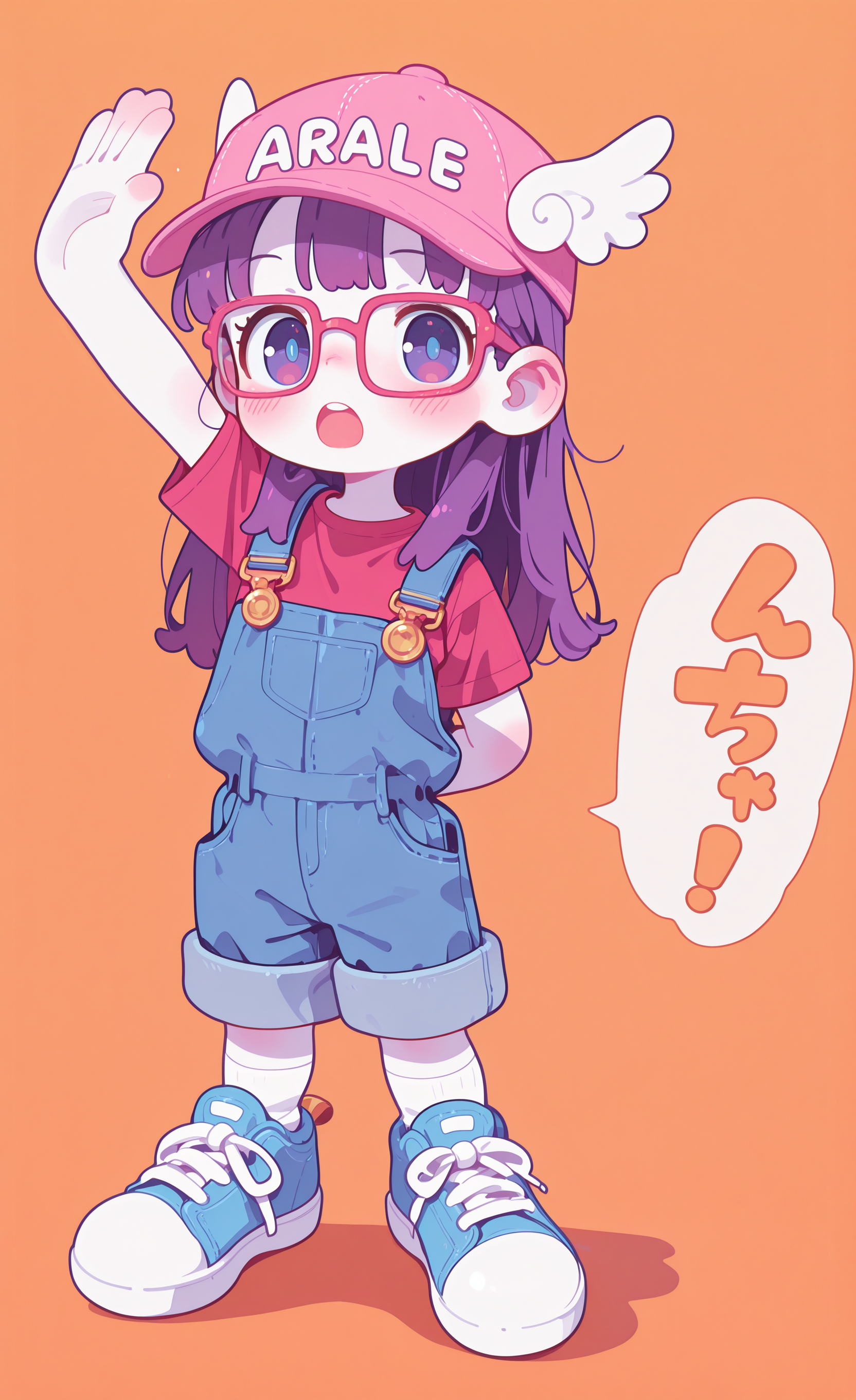 masterpiece,best quality,amazing quality, 
Arale,
1girl, solo, long hair, blush, open mouth, blue eyes, simple background, shirt, hat, standing, purple eyes, full body, purple hair, short sleeves, shoes, socks, glasses, speech bubble, arm up, upper teeth only, colored skin, shadow, white socks, red shirt, sneakers, t-shirt, baseball cap, arm behind back, blue footwear, orange background, overalls, pink headwear, rectangular eyewear, winged hat, blue overalls, overall shorts, haiz_ai, in the style of cknc,
Flatline, Flat vector illustration <lora:ponyv6_noobE11_2_adamW-000017:0.3> <lora:checkpoint-e18_s306:1.5> <lora:ck-nc-cyberpunk-IL-000011:0.6> <lora:haiz_ai_illu:0.7>
