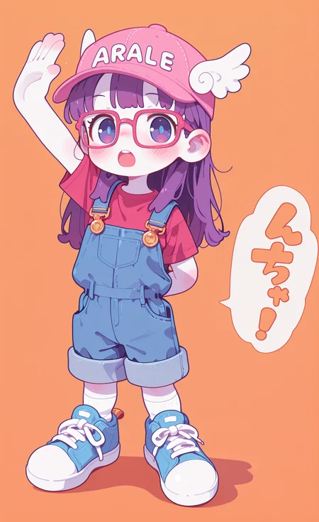 masterpiece,best quality,amazing quality,
Arale,
1girl, solo, long hair, blush, open mouth, blue eyes, simple background, shirt, hat, standing, purple eyes, full body, purple hair, short sleeves, shoes, socks, glasses, speech bubble, arm up, upper teeth only, colored skin, shadow, white socks, red shirt, sneakers, t-shirt, baseball cap, arm behind back, blue footwear, orange background, overalls, pink headwear, rectangular eyewear, winged hat, blue overalls, overall shorts, haiz_ai, in the style of cknc,
Flatline, Flat vector illustration <lora:ponyv6_noobE11_2_adamW-000017:0.3> <lora:checkpoint-e18_s306:1.5> <lora:ck-nc-cyberpunk-IL-000011:0.6> <lora:haiz_ai_illu:0.7>