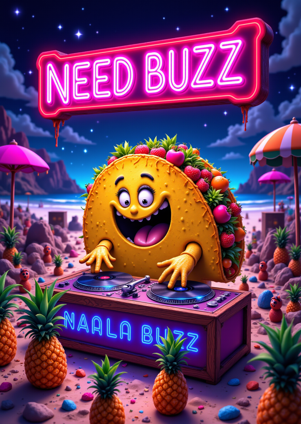 A giant anthropomorphic taco monster DJ-ing at a surreal beach rave, with salsa dripping from its edges and tortilla arms spinning glowing vinyl records. The crowd is a mix of dancing pineapples and disco-ball cacti under a starry sky. A glowing holographic banner above the DJ booth screams 'NEED BUZZ' in neon pink. Psychedelic colors, dynamic lighting, hyper-detailed textures, Studio Ghibli-inspired whimsy