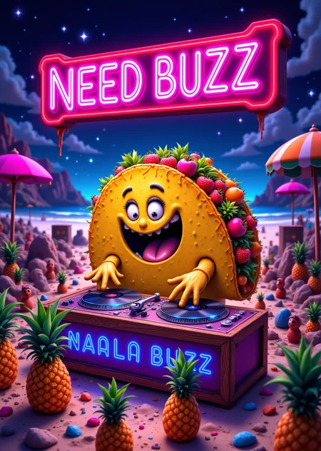 A giant anthropomorphic taco monster DJ-ing at a surreal beach rave, with salsa dripping from its edges and tortilla arms spinning glowing vinyl records. The crowd is a mix of dancing pineapples and disco-ball cacti under a starry sky. A glowing holographic banner above the DJ booth screams 'NEED BUZZ' in neon pink. Psychedelic colors, dynamic lighting, hyper-detailed textures, Studio Ghibli-inspired whimsy
