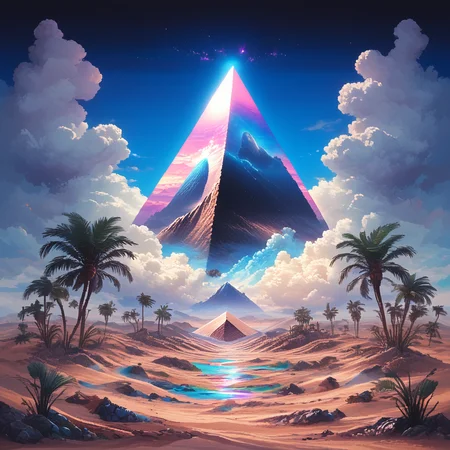 score_9, score_8_up, score_7_up, <lora:VaporwavePonyV2:1> ArsMJStyle, Vaporwave, ArsMJStyle, Retro Gaming Oasis, The image shows a desert landscape with pyramids made of old game cartridges. Cacti are replaced by joysticks, while 8-bit clouds float in a glitchy sky. A pixelated oasis shimmers in the distance, reflecting impossible geometry., no humans, desert, pyramid, video game, 8-bit, pixel art, joystick, glitch effect, surreal landscape, retro gaming, mirage, low resolution