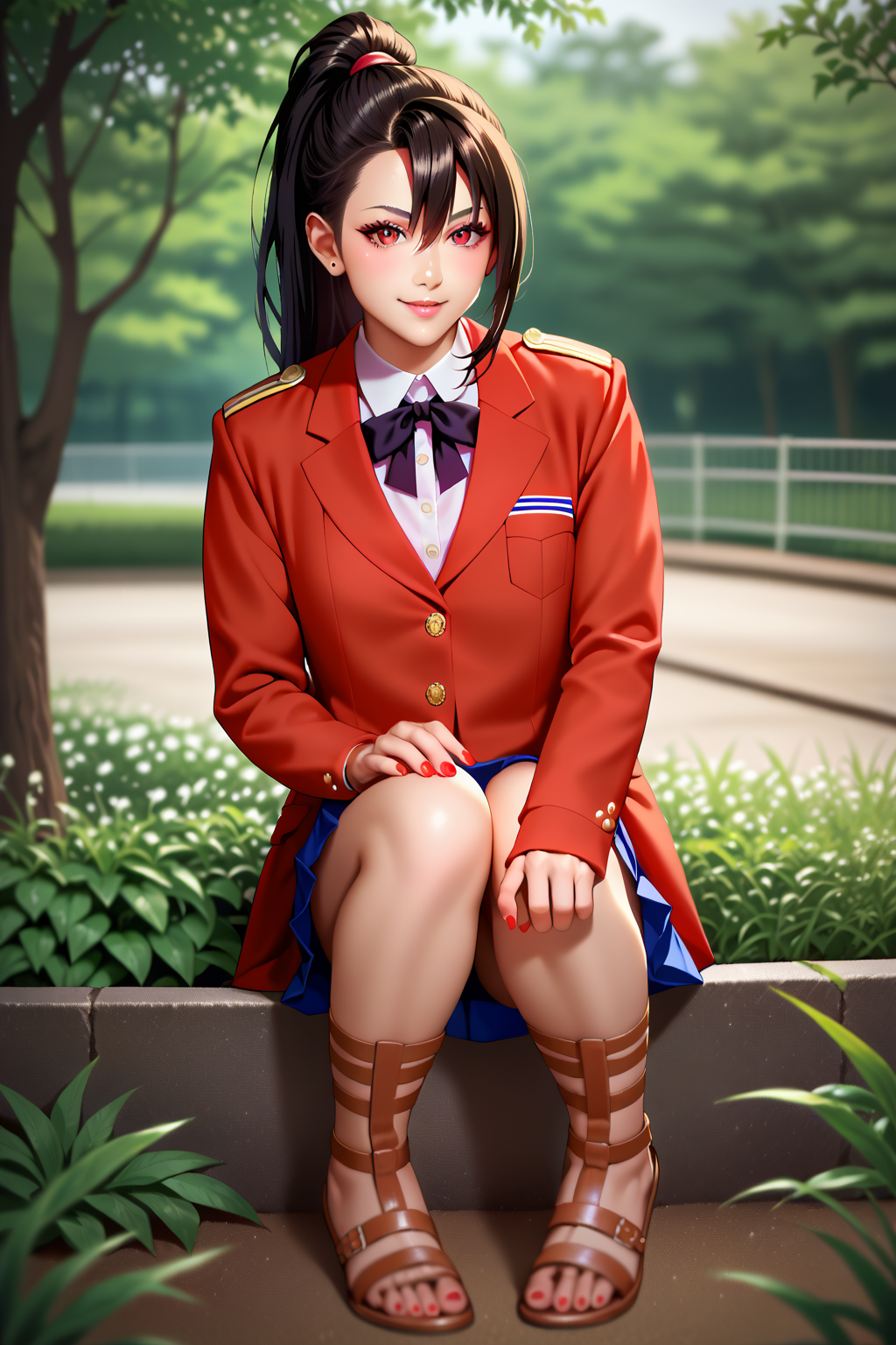 score_9, score_8_up, score_7_up, score_6_up, score_5_up, score_4_up, detailed, intricate details, source_anime, , (best quality) , (highly detailed) ,((masterpiece)), ((best quality)), (ultra-detailed), ((extremely detailed)), (high resolution), 4K, (8K), best quality, (beautiful), (dynamic lighting), (super detailed skin), sharp focus, (1_girl, solo focus), score_9,score_8_up,score_7_up,anime coloring BREAK source_anime,anime, theresia (hortensia saga),  long hair, hair between eyes, black hair, red eyes, sidelocks,  , ponytail, White  and Red hair ribbon, <lora:ThorsClassVIIUniform:0.9>, thors military academy class vii uniform, school uniform, red jacket, pleated skirt, kneehighs , loafers indoors, outdoors, sky, trees, , , depth of field, blurry background, day ,, sitting , , looking at viewer, front view, ,
 detailed eyes、detailed face and detailed skin <lora:add-detail-xl:1.0> commix style, gladiator sandals, red nails, full body, toenail polish