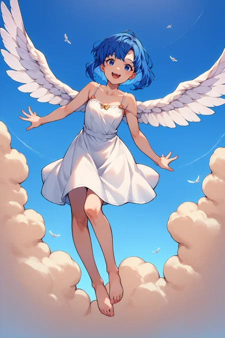 score_9, score_8_up, score_7_up, score_6_up, source_anime, 1girl, solo, <lora:fecatria-pdxl-nvwls-v1-000006:1> dfCtra, blue hair, medium hair, blue eyes, white sundress, spaghetti straps, white wings, large wings, flying, barefoot, looking at you, happy, open mouth, blue sky, clouds