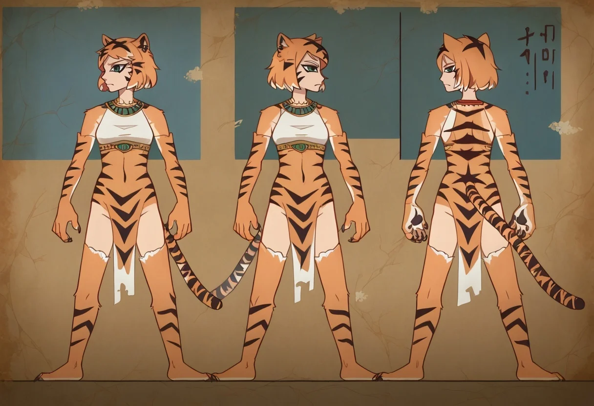 score_9, score_8_up,score_7_up,score_6_up, source_anime,
FauxEgyptian, standing, full body, black eyes, crack, old,dusty,
valerie, tiger girl, orange fur, tiger stripes, facial mark, animal hands, claws, animal ears, animal print, tiger tail, from side, multiple views, dancing, reference sheet,
<lora:FauxEgyptian_XLPD:1>
<lora:orcmassage_valerie_ponyXL:0.9>