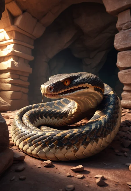 (medium full shot) of (terrifying snake) with muscular body, brown eyes, psychedelic prismatic smooth scales, short fangs, rattling tail, spines along back armored plates, set in a spacious cave, with high ceilings, stone pillars, natural light shafts , at dawn, ,Masterpiece,best quality, raw photo, realistic, very aesthetic