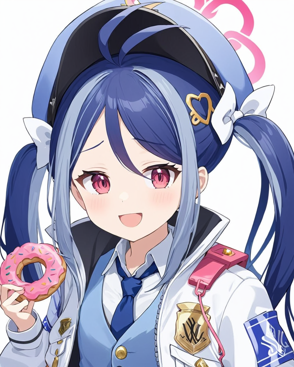 fubuki \(blue archive\),1girl, solo, twintails, necktie, doughnut, hat, simple_background, white_jacket, hair_ornament, holding_food, badge, open_mouth, halo, white_background, blue_vest, long_sleeves, upper_body, looking_at_viewer, shirt, smile, white_bow, hair_bow, armband
<lora:fubuki_(blue_archive)_image542_2023-11-26-000015:1>halo. gorgeous,key visual, vibrant, studio anime,award-winning, professional, highly detailed,high budget, cinemascope