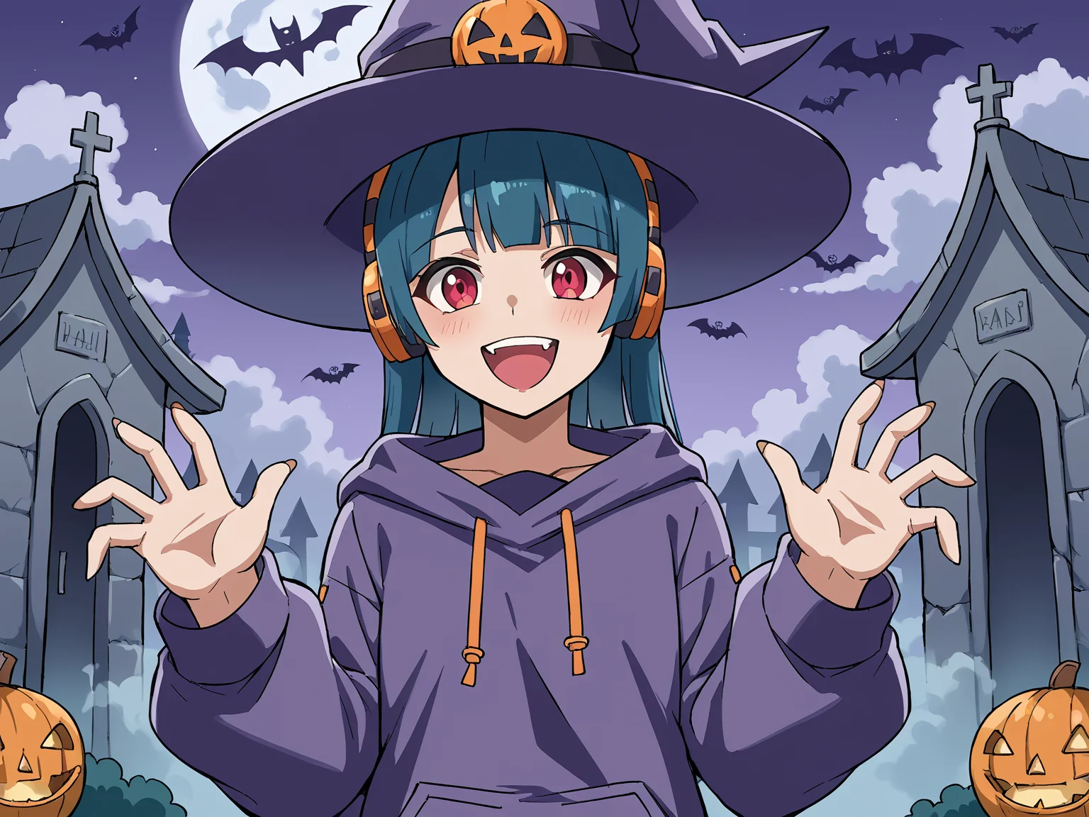 1girl, source_anime, score_9, fnyuki, looking at viewer, <lora:Yuki (Fortnite):0.7>, laughing, four fingers on one hand
halloween outfit, halloween, scary, witch's hat
fog, cemetery, mist, nighttime, bats