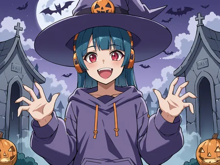 1girl, source_anime, score_9, fnyuki, looking at viewer, <lora:Yuki (Fortnite):0.7>, laughing, four fingers on one hand
halloween outfit, halloween, scary, witch's hat
fog, cemetery, mist, nighttime, bats
