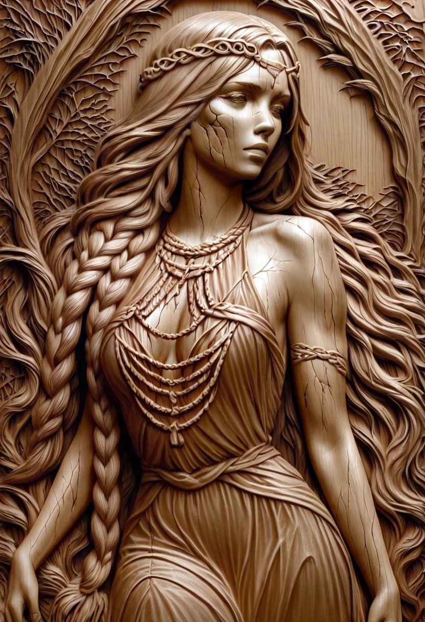 masterpiece, best quality, newest, absurdres, highres, WCILV1.0, wood, wood carving (medium), realistic, brown theme, monochrome, 1girl, queen marika the eternal (elden ring), bare shoulders, circlet, , cracked skin, halter dress, halterneck, long hair, braid, braided hair, long braid,