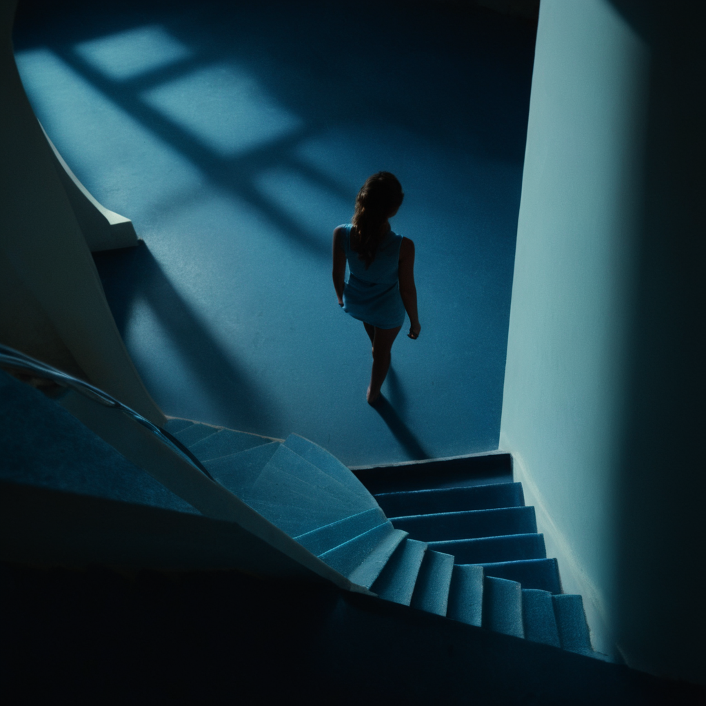 cinematic film still of  <lora:Cool Lighting Style:1> Blue Cool Lighting Style
 <lora:Chiaroscuro Lighting Style:1>
from above, dramatic, cinematic, shadow, partially covered in shadow, a spiral staircase with a person walking up it Chiaroscuro Lighting Style, 1girl, solo, indoors, scenery, stairs, shallow depth of field, vignette, highly detailed, high budget, bokeh, cinemascope, moody, epic, gorgeous, film grain, grainy