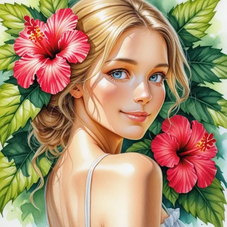ten9erw4ter, 1girl, solo, looking at viewer, smile, blue eyes, blonde hair, hair ornament, bare shoulders, upper body, flower, looking back, hair flower, lips, leaf, traditional media, realistic, painting, hibiscus