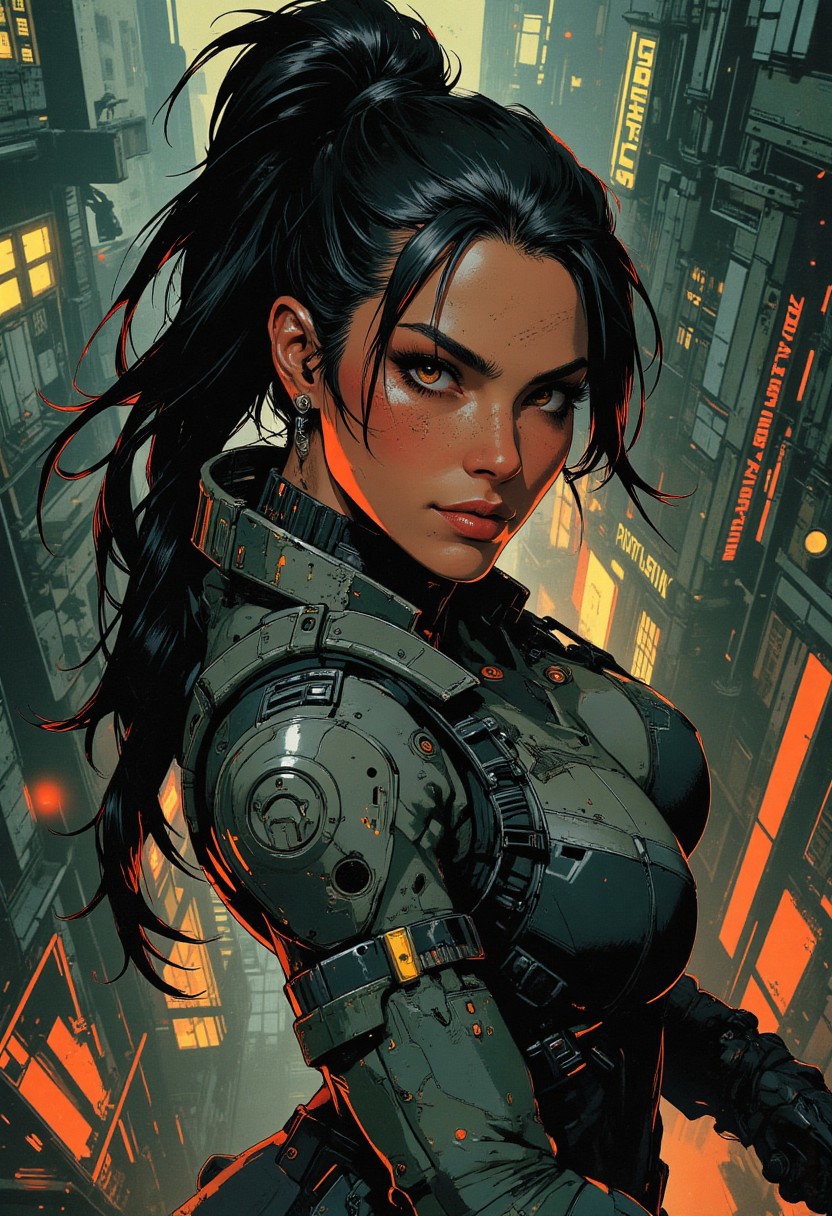 magnificent, closeup portrait, female bounty hunter, braided black hair, two tone hair, highlights in hair, futuristic armor, sci-fi, sleek armored bodysuit, shoulder plates, hip plates, sexy, curvy, large breasts, large ass, rifle, aiming rifle, pointing rifle, Cyberpunk City, Neon Lights, foreshortening,
looking at viewer, solo, smirk, cocky smirk, godrays, raytracing, 
Cowboy Shot, close up, from above,