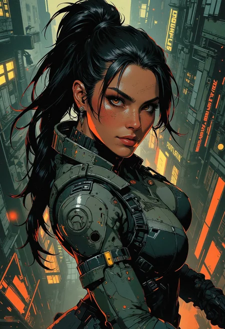 magnificent, closeup portrait, female bounty hunter, braided black hair, two tone hair, highlights in hair, futuristic armor, sci-fi, sleek armored bodysuit, shoulder plates, hip plates, sexy, curvy, large breasts, large ass, rifle, aiming rifle, pointing rifle, Cyberpunk City, Neon Lights, foreshortening,
looking at viewer, solo, smirk, cocky smirk, godrays, raytracing, 
Cowboy Shot, close up, from above,