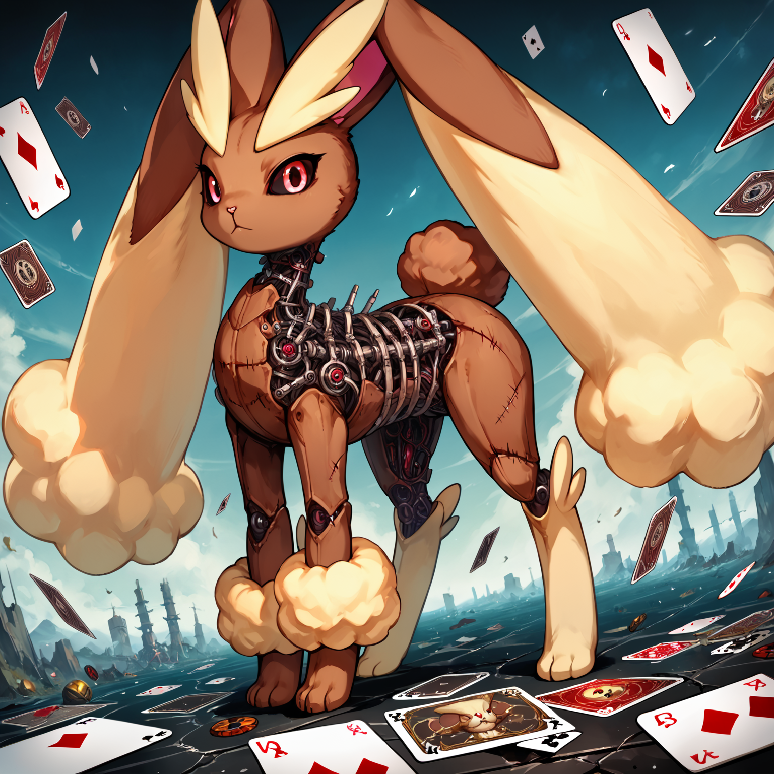 score_9, score_8_up, score_7_up, score_6_up, score_5_up, score_4_up,  source_anime, fluffal lopunny, fluffal, feral, looking at viewer:1.2, stuffing, blades, stitches, detailed, card background, appealing, cluttered,   <lora:Frightfurfluffal1-000004:1>,