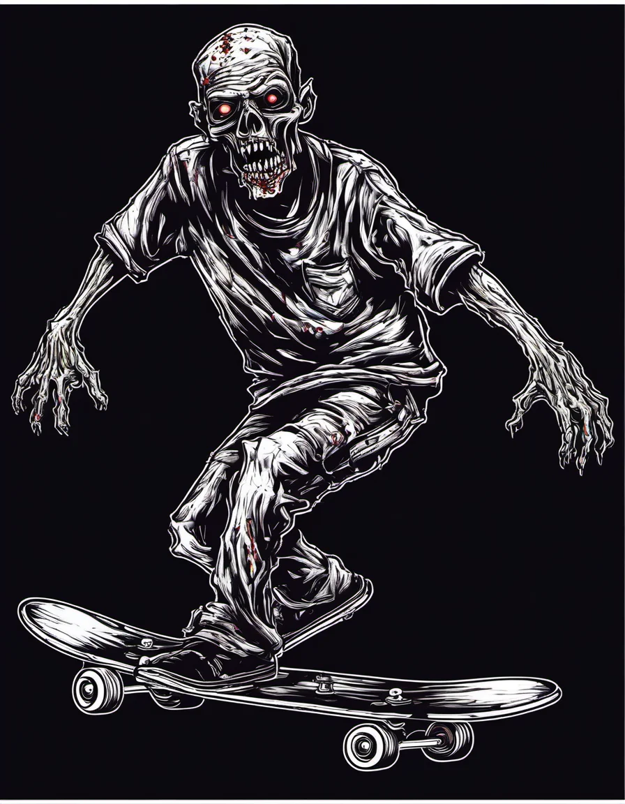 metal_tee, a zombie riding a skateboard, vector digital illustration, (black background:1.5) <lora:metal_tee_sdxl:1>