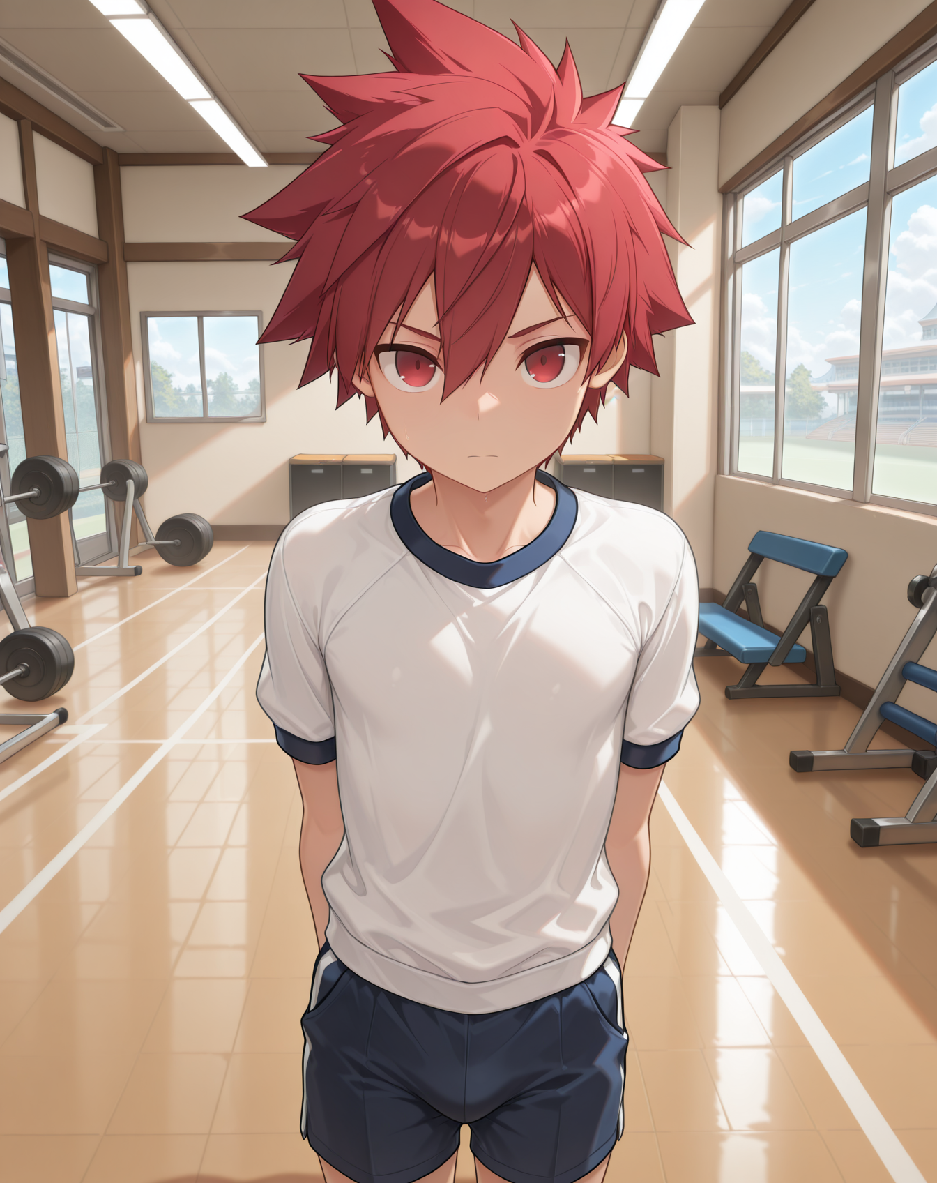 masterpiece,best quality,amazing quality, newest, very aesthetic, absurdres,
1boy, solo, yaoi, male focus, looking at viewer, cowboy shot, standing,
<lora:Elsword_Lord_Knight_ilxl:1> elswordlk, red hair, red eyes, spiked hair, adult, 
gym uniform, gym shorts, gym shirt,
indoors, gym,