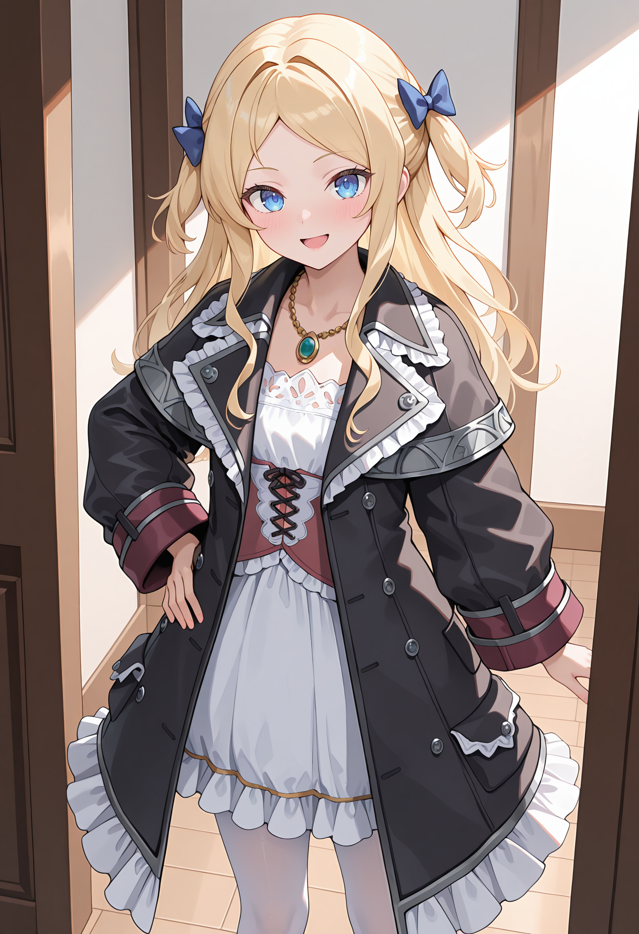 highres, best quality, masterpiece, indoors,
1girl, solo, atcuderia, long hair, blonde hair, hair bow, two-side up, blue bow,
acudrdef, necklace, white dress, red corset, black coat, open coat, white pantyhose,
looking at viewer, blush, smile, open mouth,
standing, hand on own hip, 
<lora:_cuderia_atelier-elesico-il10-000013:1>