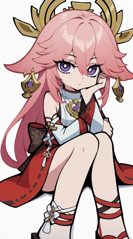 score_9, score_8_up, score_7_up,anime_source, source_anime, best background, detailed background, anime screencap,simple background, white background, zzzemoji, 1girl, solo, purple eyes, pink hair, long hair, white background, hair between eyes, looking at viewer, detached sleeves, simple background, sitting, japanese clothes, animal ears, fox ears, jewelry, bangs, hair ornament, earrings, sandals, bare shoulders <lora:ZZZ_Emoji_style_PONY:1>