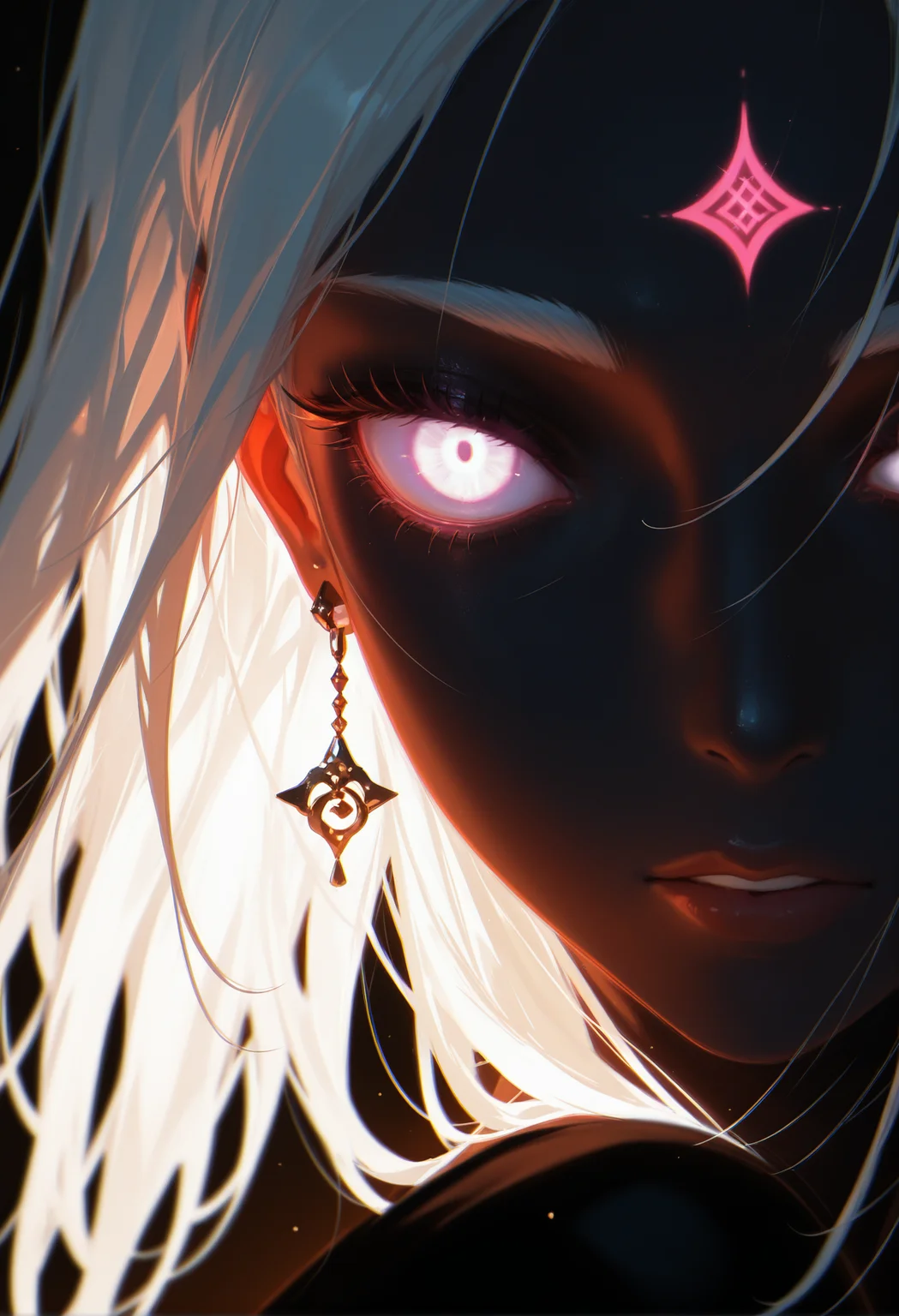 masterpiece, best quality, newest, highres, absurdres,focused subject,no lineart, no outline, detailed, 1girl, solo, long hair, jewelry, purple eyes, white hair, earrings, parted lips, eyelashes, lips, blurry background, colored skin, glowing, thick eyebrows, portrait, glowing eyes, close-up, forehead mark, nose, realistic, white eyes, chromatic aberration, dark theme,limited palette,from side
