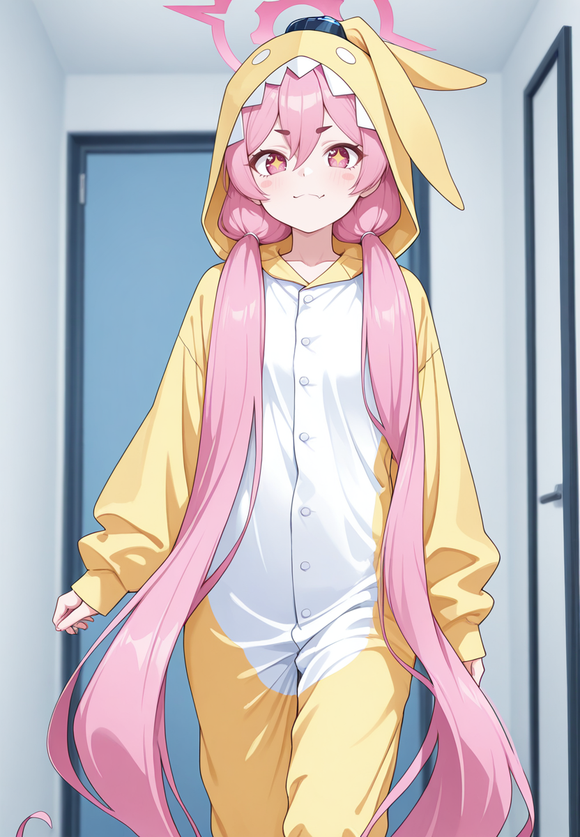 zPDXL3, score_9_up, score_8_up, score_7_up, ,Masterpiece,(perfect female body:1.2), small waist, (incredibly detailed:1.4), beautiful fingers, looking at viewer,  <lora:Kurosaki_Koyuki_-_Blue_Archive_Kaleid_Illustrious:1>kurosakikoyuki_\(arknights\), 1girl, pink hair, very long hair, twintails, pink eyes, sparkling eyes, halo, pajamas, long sleeves, hood, walking, indoors,