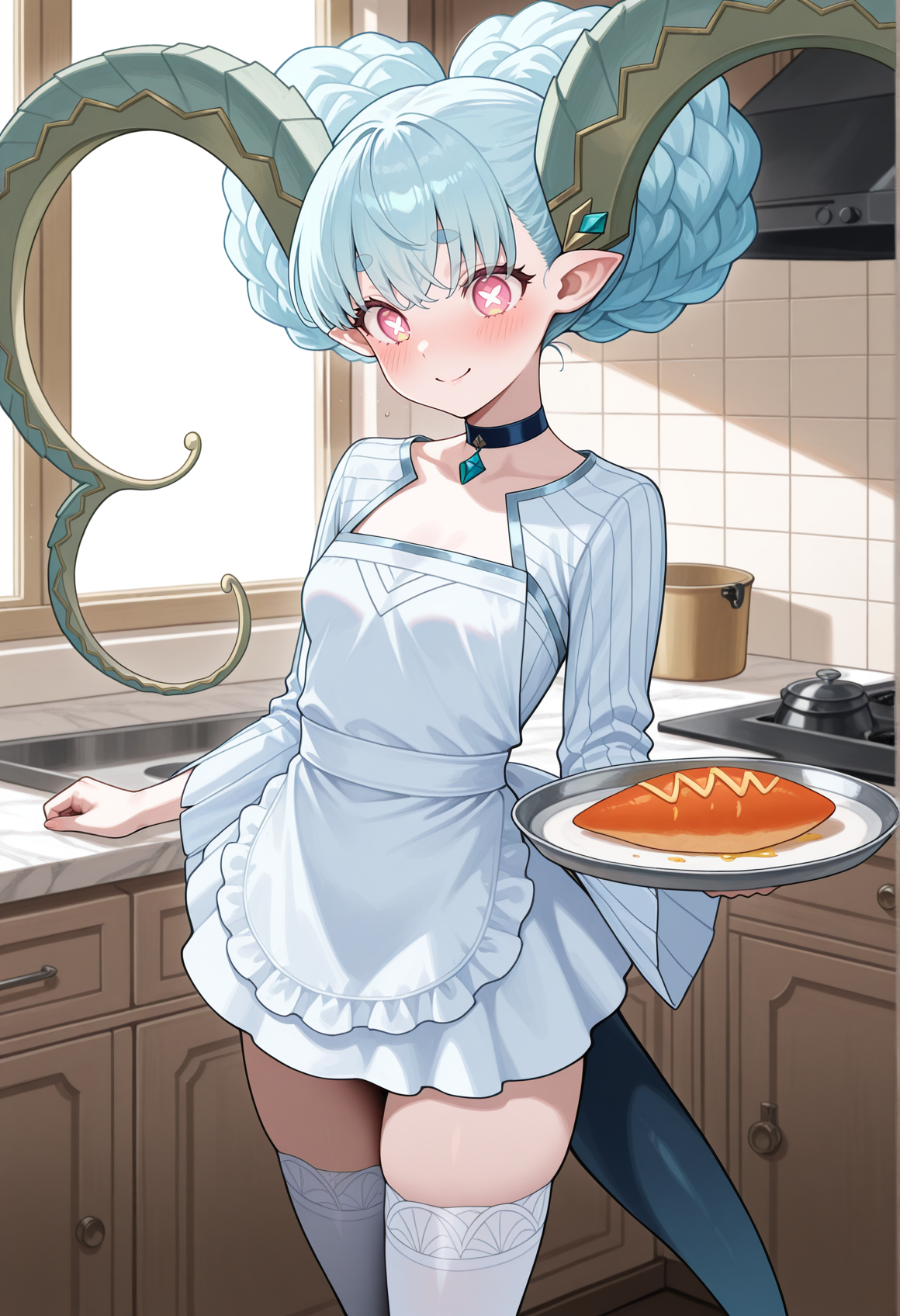 1girl, horns, pointy ears, blue hair, symbol-shaped pupils, pink eyes, double bun, braid, choker, short dress, white dress, long sleeves, thighhighs, tail, smile, blush, apron, indoors, kitchen, standing, holding tray, small breasts, pankakes  <lora:tiamat_illus:1>, masterpiece, best quality, amazing quality, very aesthetic, absurdres, highres, newest