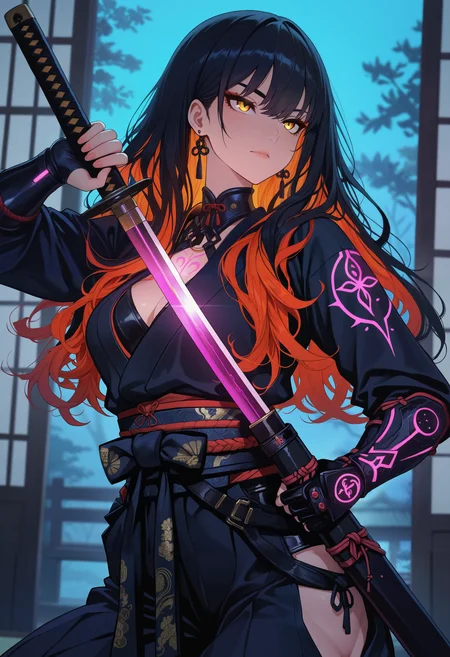 masterpiece, best quality, good quality, very aesthetic, absurdres, newest, 8K, depth of field, focused subject, dynamic angle, stylized, japanese art style, wabi-sabi, 1girl, 
holographic hair, elegance, glowing henna and carmine, neon, sexy, erotic japanese female warrior, cross_draw, katana, sword_draw, iaido, one_hand_on_sheath, unsheathing, dramatic pose