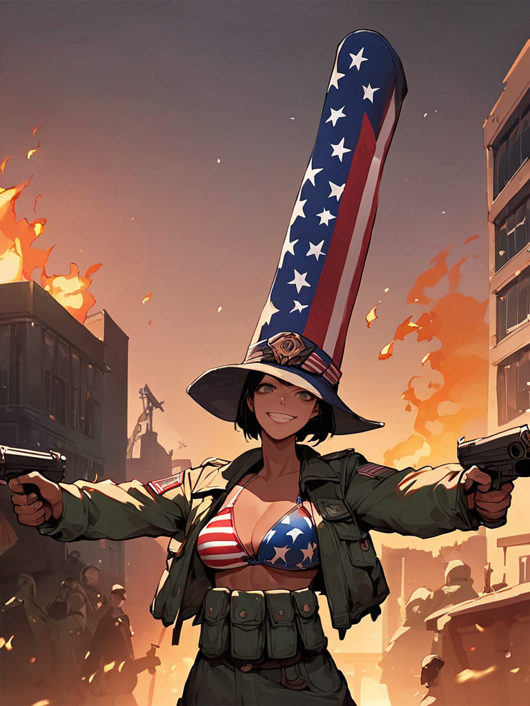 score_9,score_8_up,score_7_up,source_anime,rating_safe,<lora:Tall_hat_Pony:1>,tall_hat,upper body,1 girl,dark skin,black hair,bob cut,smile,american flag bikini,american flag hat,burning city,building,fire,smoke,army,soldier,riot,spread arms,holding guns,