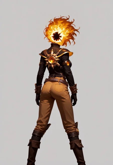 score_9, score_8_up, score_7_up,
lord_of_frenzy, fire head,
novakin, faceless, no eyes, no mouth, no nose, no facial features, short fiery yellow orange hair, body made of black plasma,
(from behind:1.2), bent over, ass,
magical girl outfit, steampunk dress, boots, (brown shorts:1.2), black tights, medium breasts, belt,
simple background, grey background,