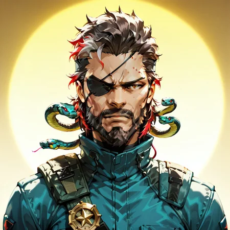 snake_hair, Score_9, score_8_up, score_7_up, 8k, masterpiece, uhd,8k textures,illustriousanime, ultradetailed, award-winning work, absurdres, very aesthetic quality,
Solid snake, beard, eyepatch, snake_hair, worm on a string hair, fluffy, multicolored hair, snake,yoji_shinkawa,anime, cyberpunk