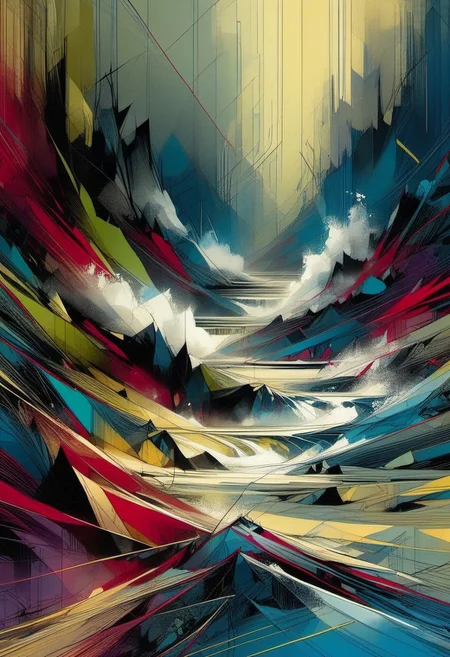 by carne griffiths daring, melancholic. abstract expressionist meets surreal. huge wave of swirling ink & watercolor lines in muted yellows & greys looms over choppy blue sea. three tiny boats with terrified people below. intricate linework throughout. vibrant splashes of red, green & purple amid chaos. lower third: vertical lines reflect scene in water. top-down perspective. overwhelming dread, human vulnerability vs nature's power. abstract.