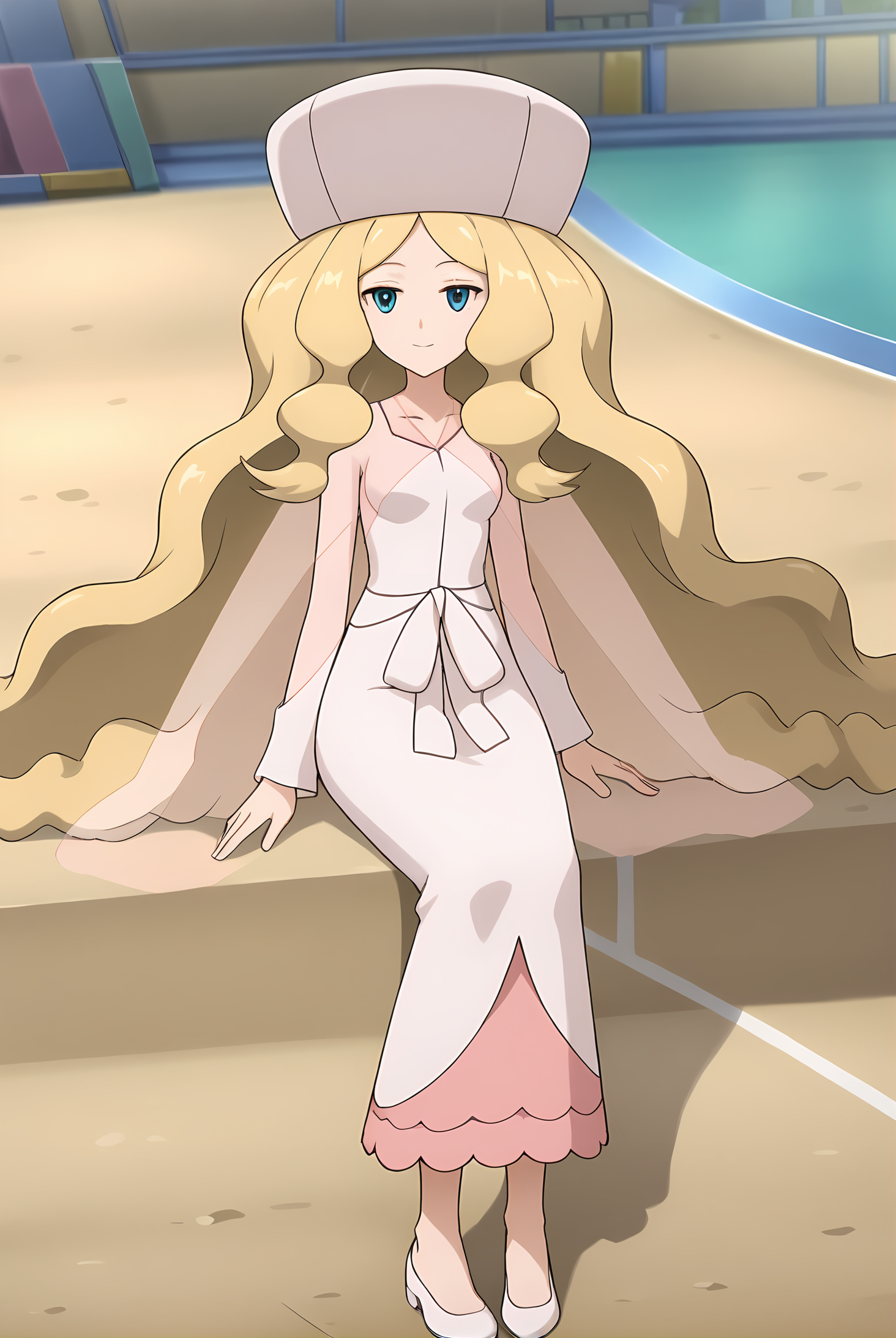(white dress pink dress two-tone dress), pk-caitlin, pink hat, blonde hair, very long hair, blue eyes, medium breasts, 1girl, solo, skinny, score_9, score_8_up, score_8, score_7_up, score_7, score_6_up, score_6, score_5_up, score_5, source_anime, happy, sunset outdoors, (1.3::full body|0.3::sitting|0.4::standing|0.4::lying|straight-on|0.6::close-up| :1.20), feet, <lora:pk-caitlin-V01-000004:1.00>
