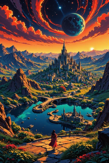 a city on Jupiter beautiful  landscape, golden hour, woman, very intricate, very detailed, sharp, bright, colorful, <lora:Hand v2:0.5> <lora:Anti-Blur:1><lora:Insane Detail Slider:0.25>  <lora:flux.1_lora_flyway_Epic-detail_v2:0.3> <lora:fluxenhancer:0.25> <lora:ROWER:0.6> <lora:flux-charmer-v1-1:0.4><lora:Vibrantly_Sharp_style_v.5:0.4> <lora:The_Dark_Side_Of_The_Future:0.3> <lora:Anime_style:0.8> anime style