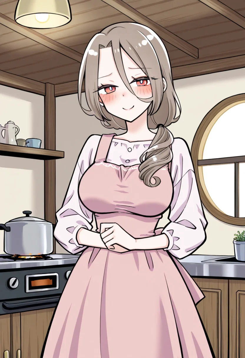 1girl, solo, shino sakisaki, mom, long hair, brown hair, hair between eyes, brown eyes, gradient eyes, red eyes, looking at viewer, low ponytail,
apron layered over high-waist Victorian dress with quilted skirt, puffed sleeves, embroidered hems, cowboy shot, carrying large ceramic pot with both arms, rustic kitchen interior, cast iron stove, sunbeams from small round window, herbs hanging from ceiling
 <lora:Character_Shino Sakisaki Mom:1>