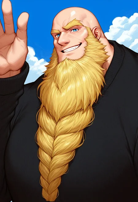 score_9,score_8_up,score_7_up, detailed face, detailed body, detailed eyes, Highest Quality, 4k, masterpiece, Amazing Details, (((GomTang, low angle, Half Body))), ((solo, 1boy, bara, blue eyes, smirk face, looking at viewer, massive pectorals)), ((Thick Eyebrows, Monobrow, Unibrow, Yellow eyebrow)), (completely bald),, Unibrow, Long Sleeve, Hypermuscle, ((Yellow Beard, Epic Beard, Large Beard, Man With A Very Long Beard, Beard)), Goliath, Tall, <lora:Big_Braided_Beards:1,<lora:Cruz'sBeardedMan:0.7>, Sky Background With A Sun, Waving Hand, Strong Triangular Jawline, Rugged Features, 40-year Old Man, Mature Male
