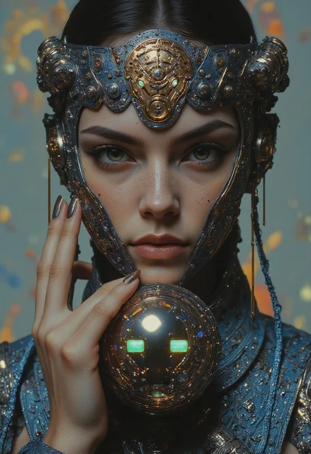 A close-up portrait of a fierce woman in M.C. Escher's surreal space laboratory. Her intense gaze locks onto the viewer, eyes glowing faintly with toxic-green energy. The background dissolves into intricate geometrical illusions and woodcut-style patterns, reminiscent of 1970s psychedelic album art. Her hand clenches an ornate metallic crown, its surface etched with shifting, holographic emblems from a forgotten dynasty. The lighting is soft yet dramatic, pastel tones blending into monochrome with subtle, iridescent accents. Her face is framed by flickering shadows that warp and twist like an optical illusion, giving a surreal and otherworldly vibe.