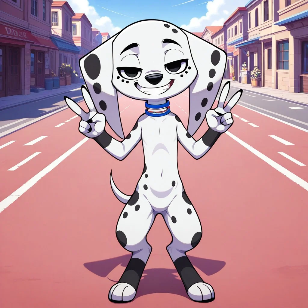 Dolly(101), solo, 1girl, semi-anthro, female furry, dog, dalmatian, white and black fur, black spots, thin tail, long ears, dog ears, black eyes, blue and yellow collar, looking at viewer, full body, day, open mouth, grin, peace sign, double v, standing, flat chested,