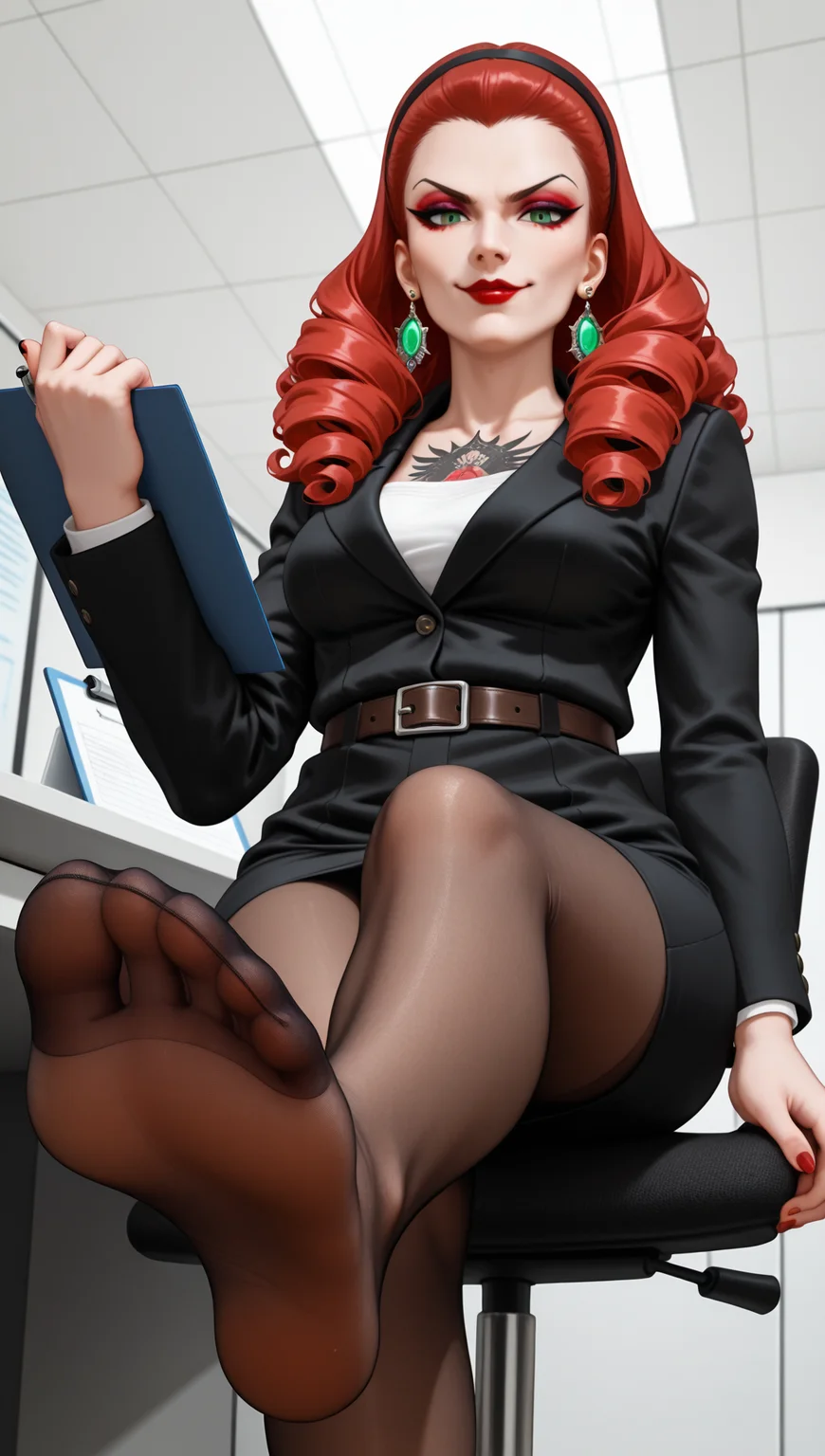 <lora:pauline-pdxl-nvwls-v1:0.4>,
smopalne, long red hair, green eyes, eyeshadow, red lipstick, medium breasts, earrings, black jacket, black pants, black skirt, looking at viewer, serious, smiling, sitting, legs crossed, from below, inside office, on chair, desk, holding clipboard, pantyhose, stockings. <lora:add-detail-xl:1>, <lora:HandFineTuning_XL:1>, <lora:Rockabilly:0.4> r0ckabilly, Lipstick, earrings, tattoo, curly hair, belt, dress, hairband, soles, foot focus, <lora:Tattoo:0.7> Tattoo, <lora:pantyhose_soles:0.5> pantyhose_soles, pantyhose, soles