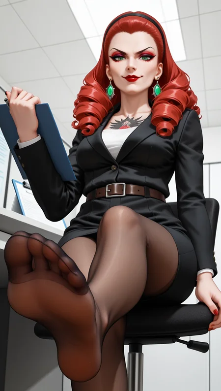 <lora:pauline-pdxl-nvwls-v1:0.4>,
smopalne, long red hair, green eyes, eyeshadow, red lipstick, medium breasts, earrings, black jacket, black pants, black skirt, looking at viewer, serious, smiling, sitting, legs crossed,  from below, inside office, on chair, desk, holding clipboard, pantyhose, stockings. <lora:add-detail-xl:1>,  <lora:HandFineTuning_XL:1>,  <lora:Rockabilly:0.4> r0ckabilly, Lipstick, earrings, tattoo, curly hair, belt, dress, hairband,  soles, foot focus,  <lora:Tattoo:0.7> Tattoo,  <lora:pantyhose_soles:0.5> pantyhose_soles, pantyhose, soles