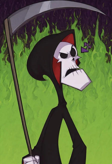 Masterpiece, best quality, highly detailed, Gr1m, RPR, anime style, menacing, hollow black eyes, long chin, scythe engulfed in purple flame, close up, green flame background, detailed background