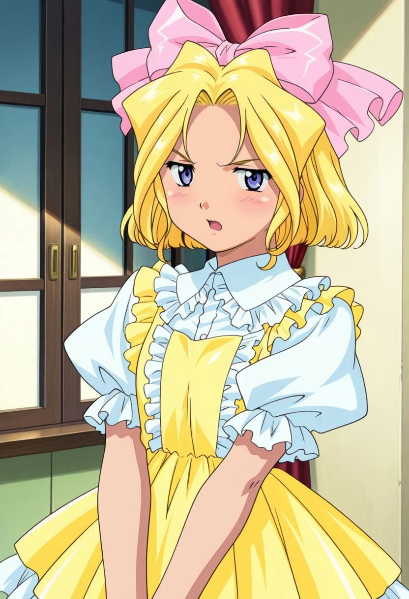 detailed eyes, beautiful, detailed background, perfect eyes,
source_anime, very aesthetic, anime coloring, masterpiece, official art,
<lora:HandFineTuning_XL:1>
BREAK,
white background,
cowboy shot, looking at viewer,
flat chest, blush, jitome, looking at viewer, frown, angry, open mouth,
BREAK,
<lora:iris_illustrious_v01:1>
irisBase, blonde hair, blue eyes, hair bow, pink bow, short hair, parted bangs, yellow dress, white puffy sleeves, short sleeves, layered dress, frills,