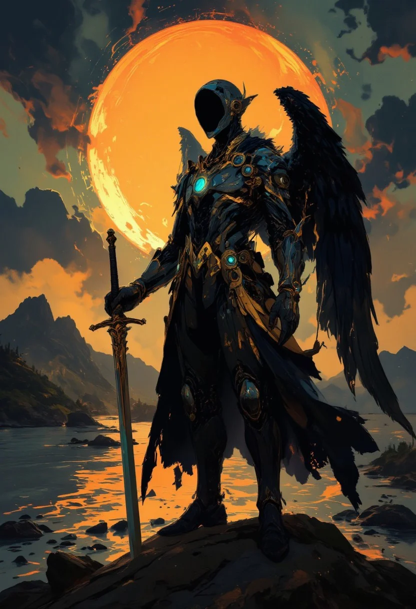 anime art, pscho_4rt, a breathtaking ultra-HD anime-style illustration of a powerful, angelic warrior with black wings standing in a desolate, otherworldly landscape. The warrior is clad in ornate, dark metallic armor with intricate designs, including a prominent chest plate adorned with a blue gemstone. The armor is black with hints of gold, and the helmet has a hood that conceals the face, giving a mysterious, intimidating aura. The warrior holds a long, ornate sword with a golden hilt in his right hand, resting on his shoulder. The background is a serene, twilight scene with a large, glowing sun positioned high in the sky, casting a warm, golden light that contrasts with the dark, ominous atmosphere. The landscape consists of a vast, dark ocean with gentle waves and distant, silhouetted mountains. Small, dark islands or rock formations are scattered across the water. The atmosphere is tranquil yet powerful, evoking a sense of nostalgia and wonder. Highly detailed character, precise silhouette, cinematic lighting, ultra-realistic textures, dreamy and immersive composition, masterpiece.