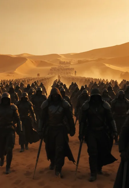 Dark and ominous, a vast army approaches from the distant dunes of the desert. The soldiers, shrouded in shadowy cloaks and heavy armor, march in formation, their dark silhouettes stretching across the horizon. The sand swirls around their feet, stirred by an eerie wind, and the fading sunlight casts long shadows across the landscape. In the foreground, you can see the outlines of their weapons—sharp, menacing, and gleaming faintly in the twilight. The atmosphere is thick with tension and foreboding, as the ground trembles under their synchronized march. The scene captures the essence of an impending doom, as the dark army advances relentlessly toward their unknown destination. Volumetric lighting and cinematic shadows create an epic film-quality moment, with the towering dunes standing as silent witnesses to their advance. The once vibrant desert is now a battleground, awaiting the clash of forces.