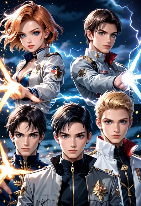 (best quality, masterpiece:1.2) art, best quality, russian boy, zipper, male portrait, gray coat, vintage clothes, young guy, proud look, short blond hair, portrait, two girls in short dresses, cleavage, complex urban background, dynamic pose, action scene, <laura:add_detail:0.1>, arrogance, (eye contact), blue lightning, lighting effects, highest detail, floating particles, ancient runes, white energy, mana, epic atmosphere, <lora:kVoidEnergy-000001:0.5> Energy V0id3, art