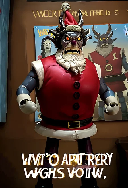 r0b0t_s4nta_c1aus, robot santa claus vs krampus, robot santa on the left, and krampus on the right,dramatic face-off, intense boxing poster, epic anime movie poster