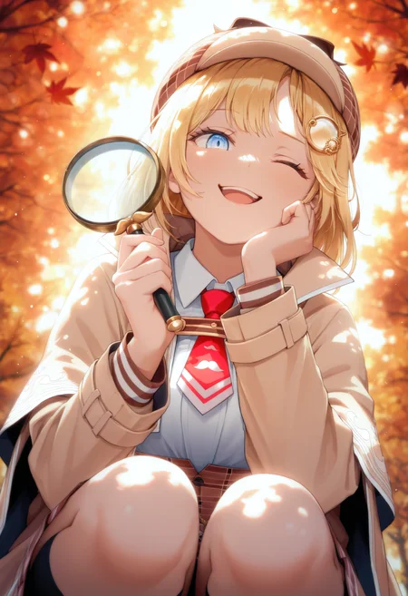 watson amelia \(1st costume\), coat, beret, magnifying glass, looking through, looking at viewer, from below, upper body, one eye closed, squatting, smirk, open mouth,
sunlight, backlighting, sunbeam, bokeh, school uniform, autumn leaves, from below, dappled sunlight, masterpiece, best quality