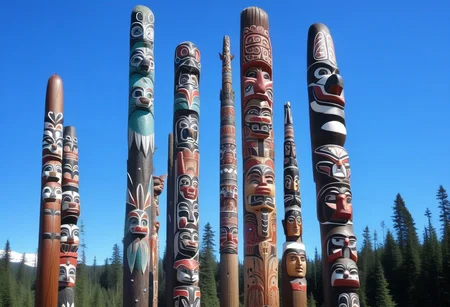 a photograph from the ground, pointing up of beautifully decorated, intricately carved, beautifully painted, wooden totem poles, native American art, with various totem animals, hares, bears, eagles, and wolves and, stands on a beautiful natural background with land, water, sky and nature present, a realistic, breathtaking tall, wooden totem, nature, natural, absurdres, breathtaking, OverallDetailX, pop Tlingit totem pole, Archi Sculpture Photography